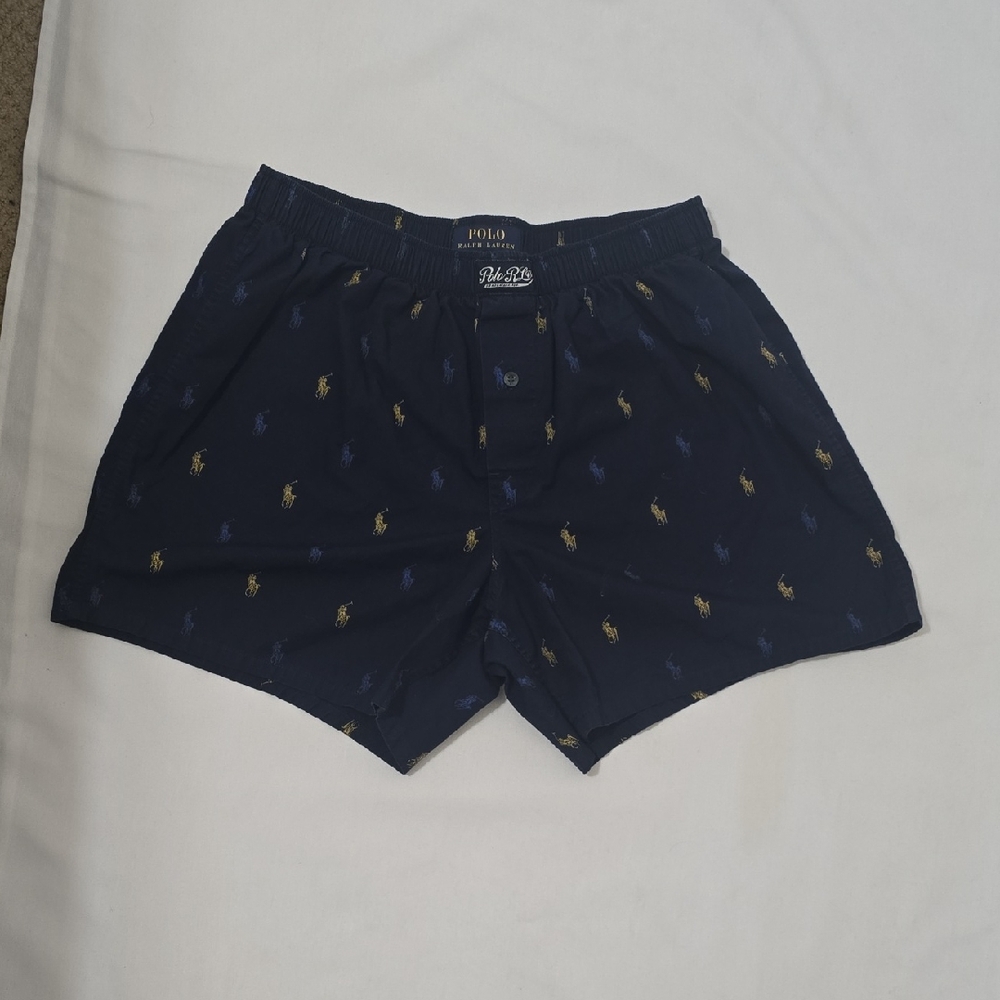 Ralph Lauren Men's Navy Boxers with Gold and Blue Accents M